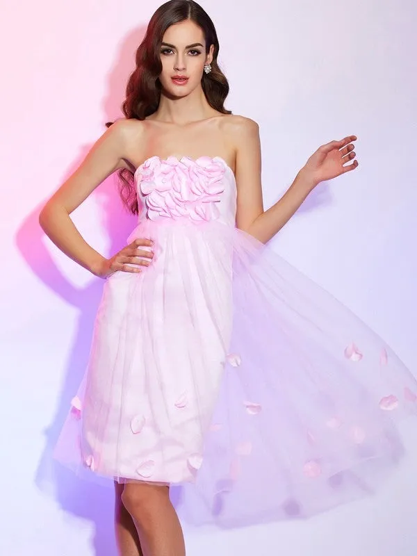 A-Line Net Strapless Sleeveless Knee-Length With Hand-Made Flower Bridesmaid Dresses