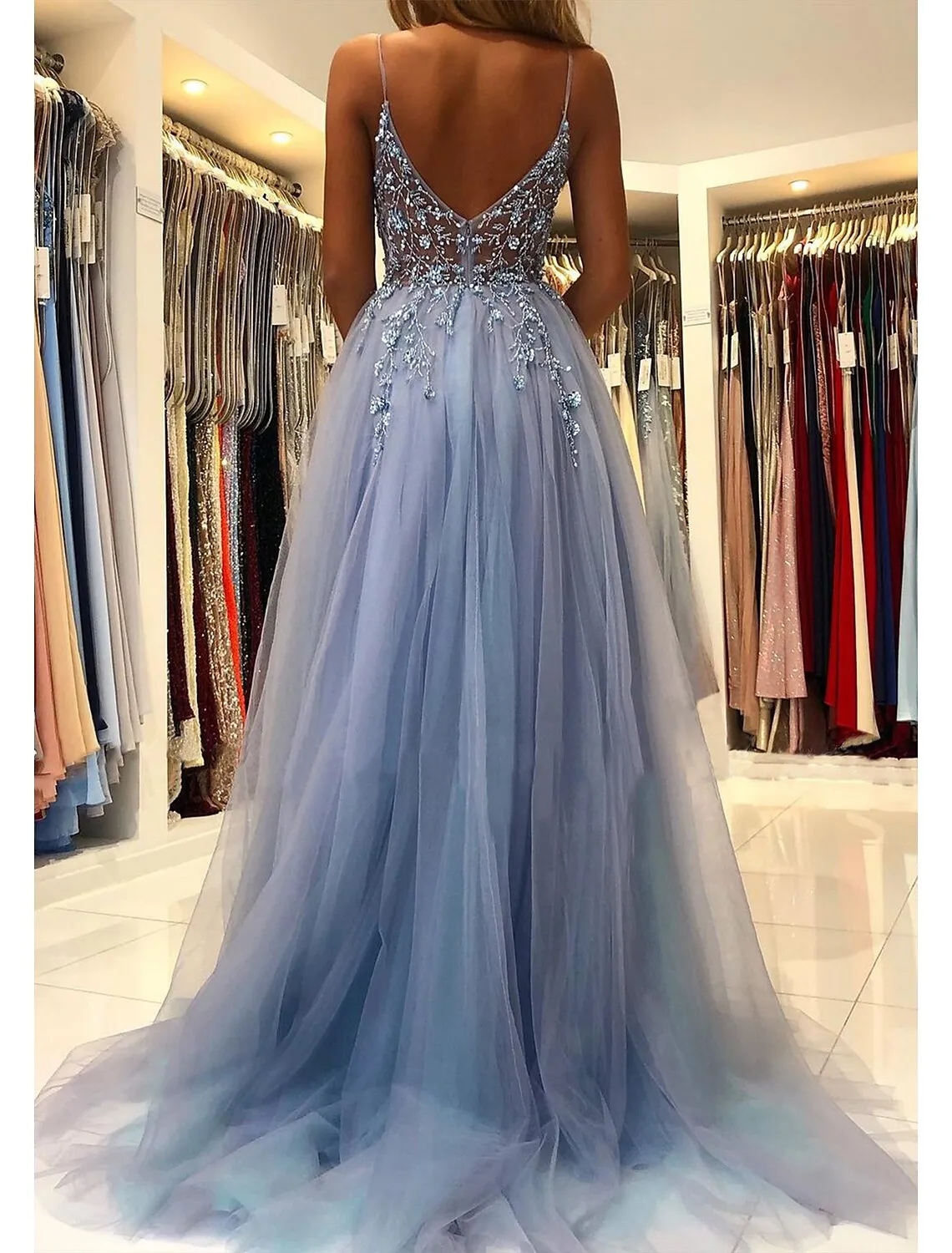 A-Line Prom Dresses Evening Gowns Dress Formal Wear Dresses Wedding Guest Court Train Sleeveless V Neck Tulle with Beading