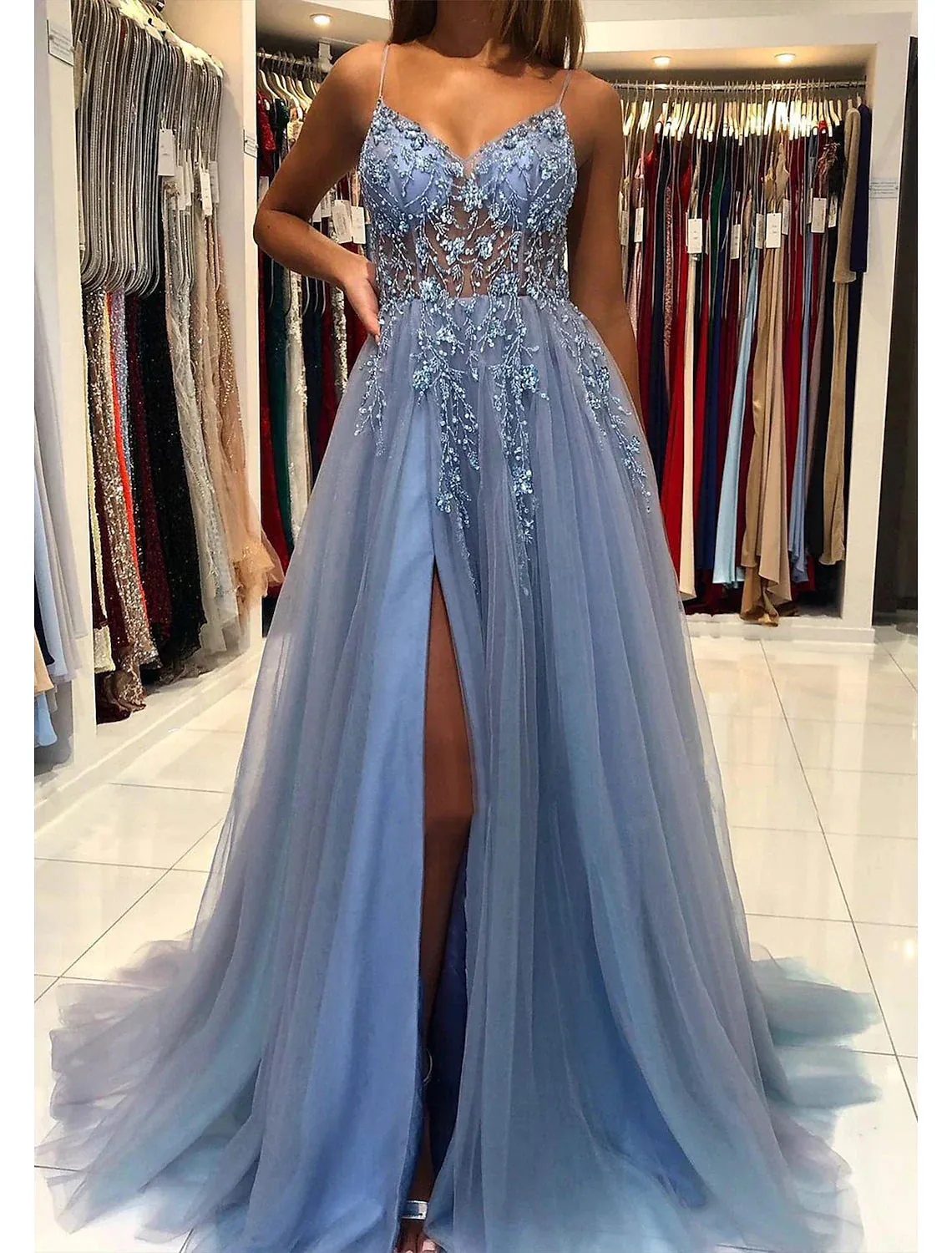 A-Line Prom Dresses Evening Gowns Dress Formal Wear Dresses Wedding Guest Court Train Sleeveless V Neck Tulle with Beading