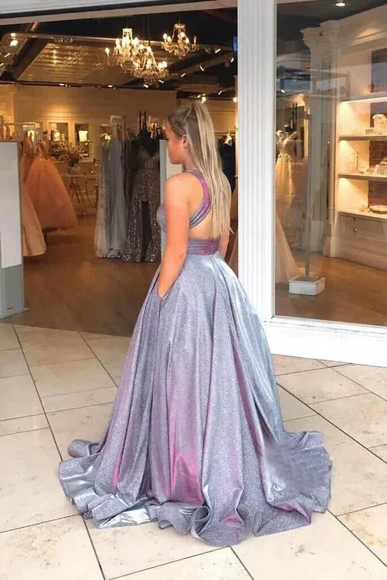 A Line Prom Dresses Shiny Satin Sleeveless V Neck