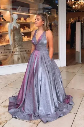A Line Prom Dresses Shiny Satin Sleeveless V Neck