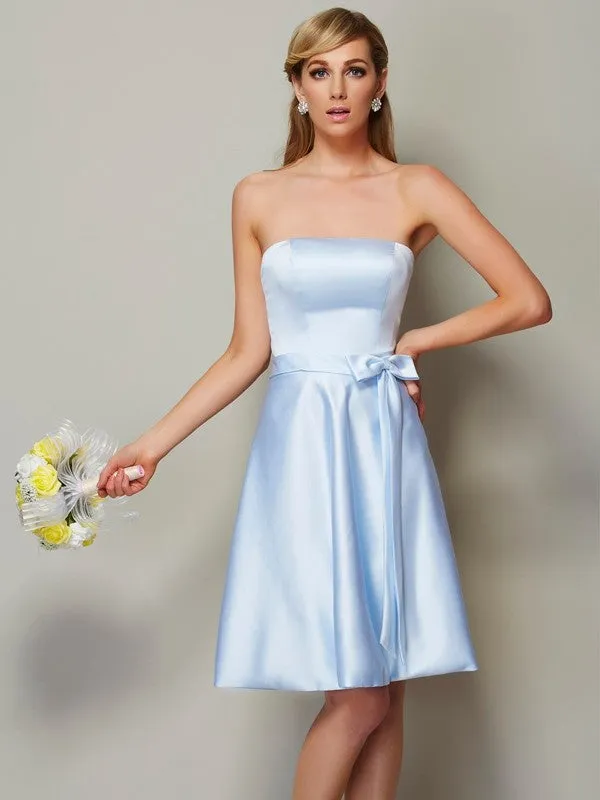 A-Line Satin Strapless Sleeveless Knee-Length With Bowknot Bridesmaid Dresses