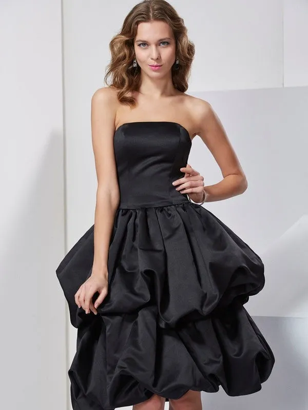 A-Line Satin Strapless Sleeveless Knee-Length With Layers Bridesmaid Dresses