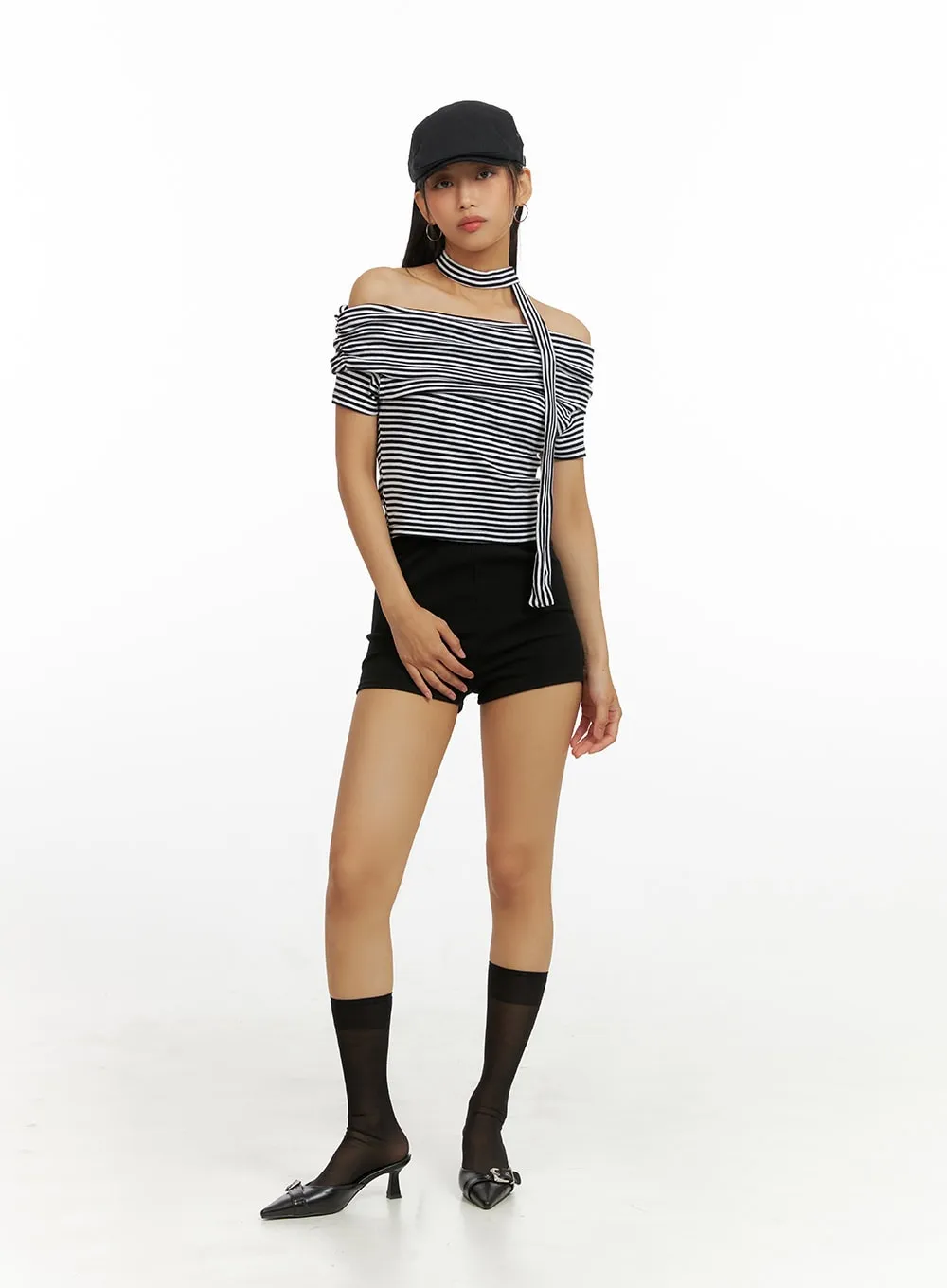 Cotton Stripe Shirred Off Shoulder Crop Top with Scarf IU412