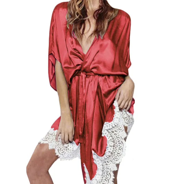 Silk Satin Long Sleeveless Nightgown V-neck Bathrobe Nightdress Lace