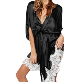 Silk Satin Long Sleeveless Nightgown V-neck Bathrobe Nightdress Lace