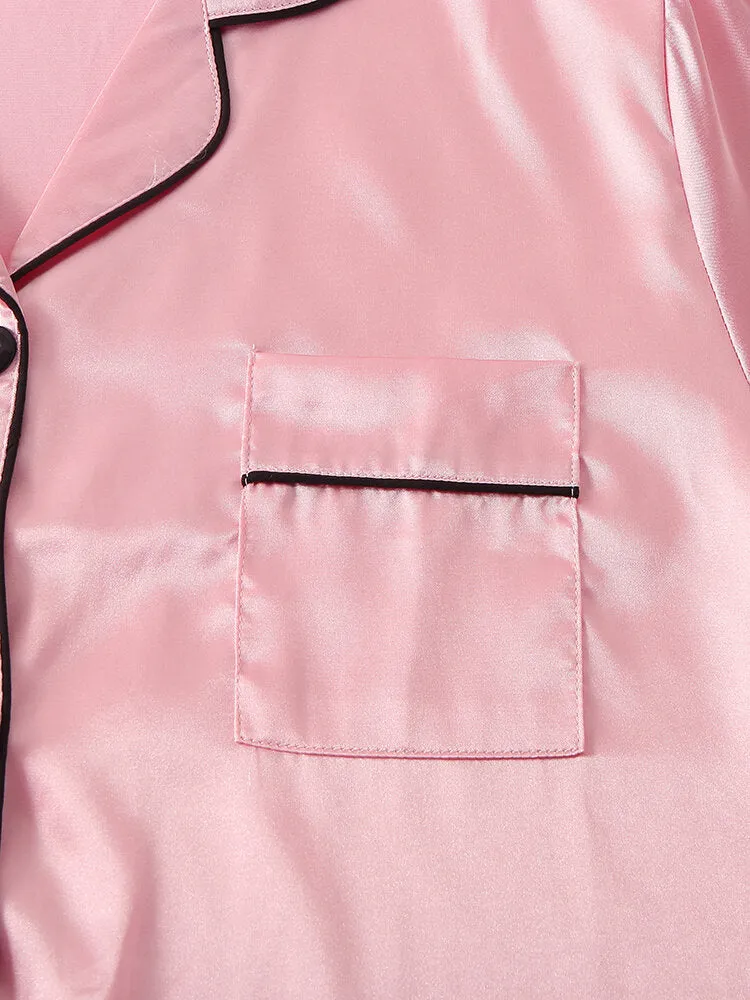 Women Ice Silk Chest Pocket 3/4 Sleeve Shirt Cozy Nightdress With Contrast Binding
